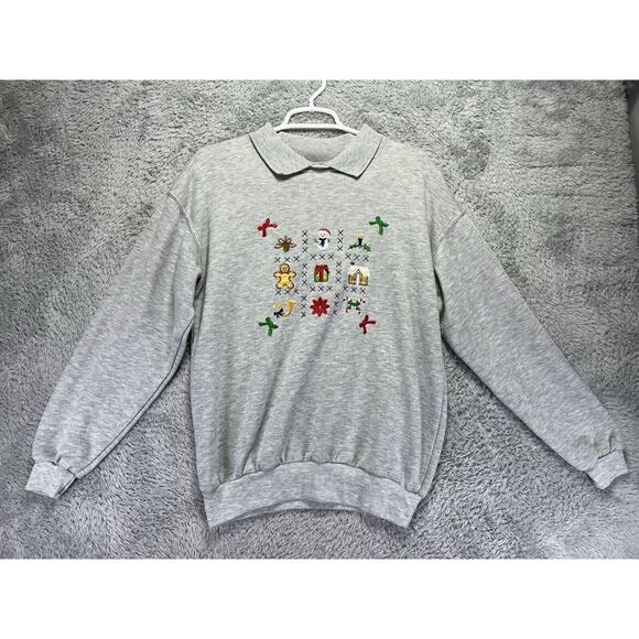 Vintage Christmas Sweatshirt Small Gray Embroidered Gingerbread Active Exchange - Picture 1 of 9